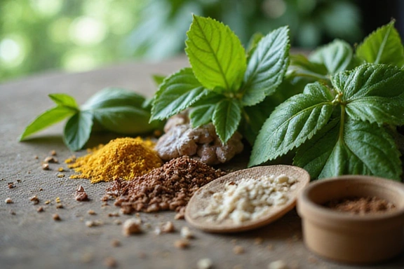 Piante medicinali in primo piano, che rappresentano ingredienti naturali e la loro efficacia.