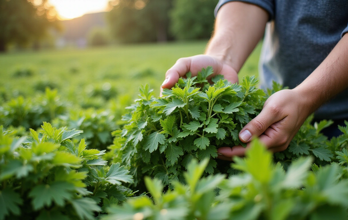 Mani che raccolgono erbe fresche in un campo, simbolo di origine naturale e sostenibilità