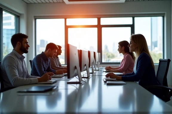 Ufficio TechInnovate Solutions con dipendenti che lavorano in uno spazio moderno e luminoso.